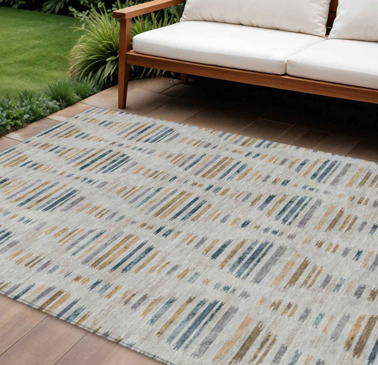 10' X 14' Linen And Navy Blue Striped Washable Indoor Outdoor Area Rug