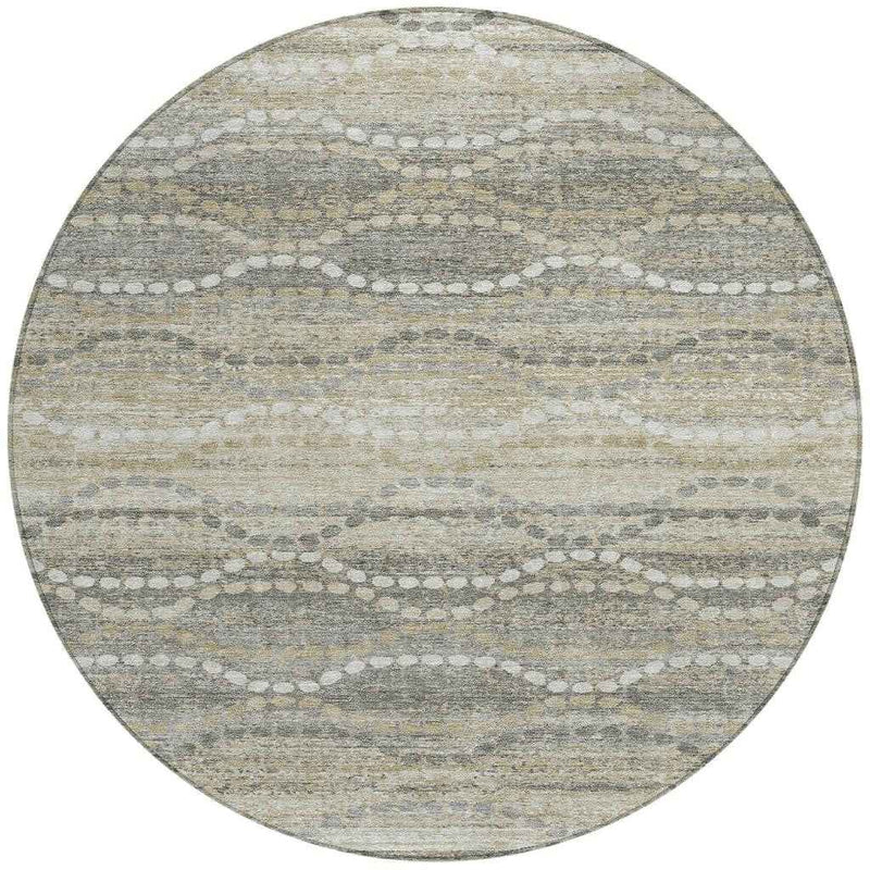 8' Pewter And Ivory Round Ogee Washable Indoor Outdoor Area Rug