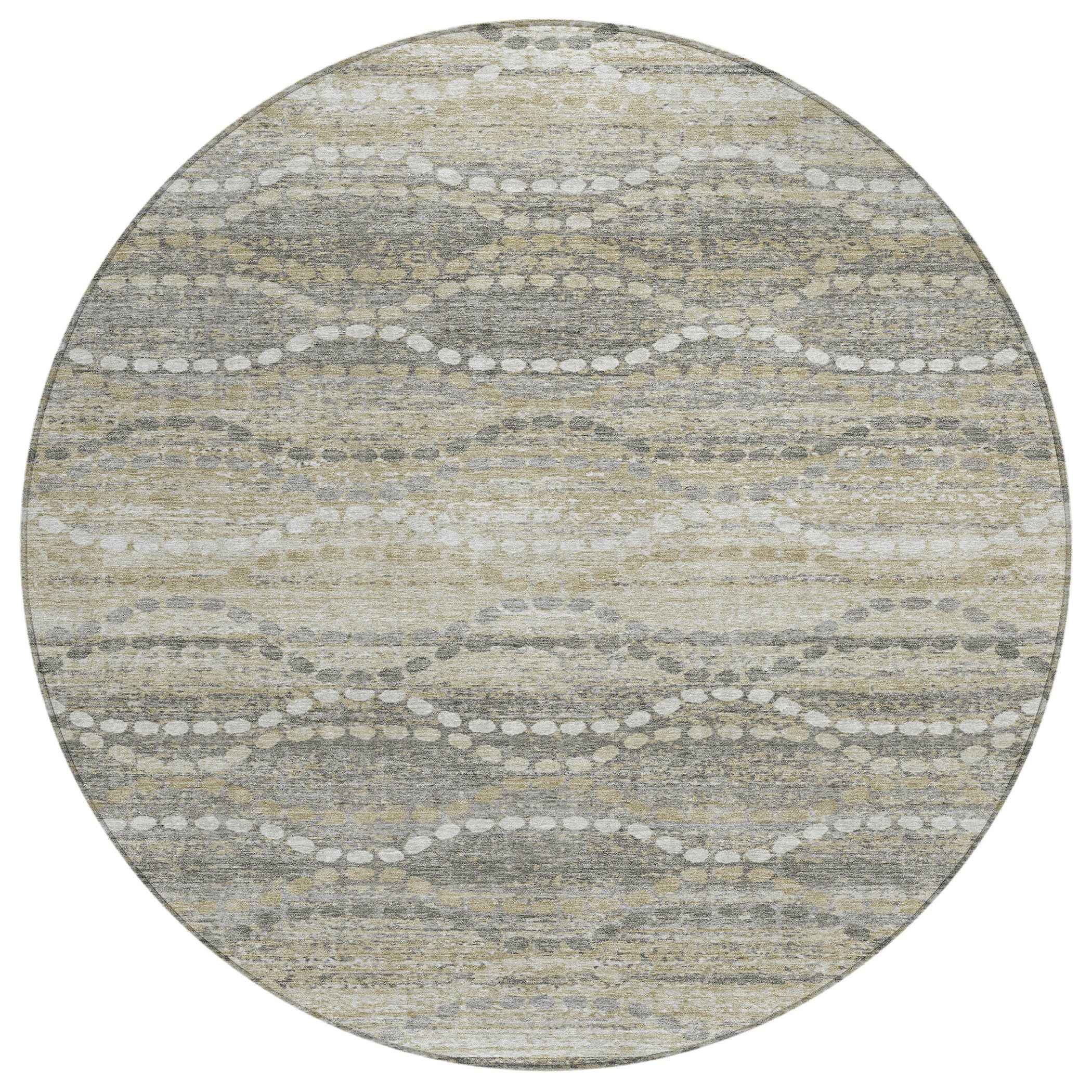 8' Pewter And Ivory Round Ogee Washable Indoor Outdoor Area Rug