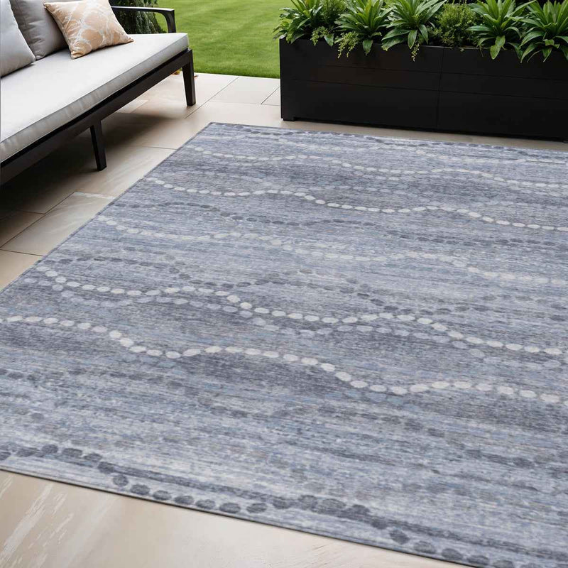 5' X 8' Blue And Ivory Ogee Washable Indoor Outdoor Area Rug