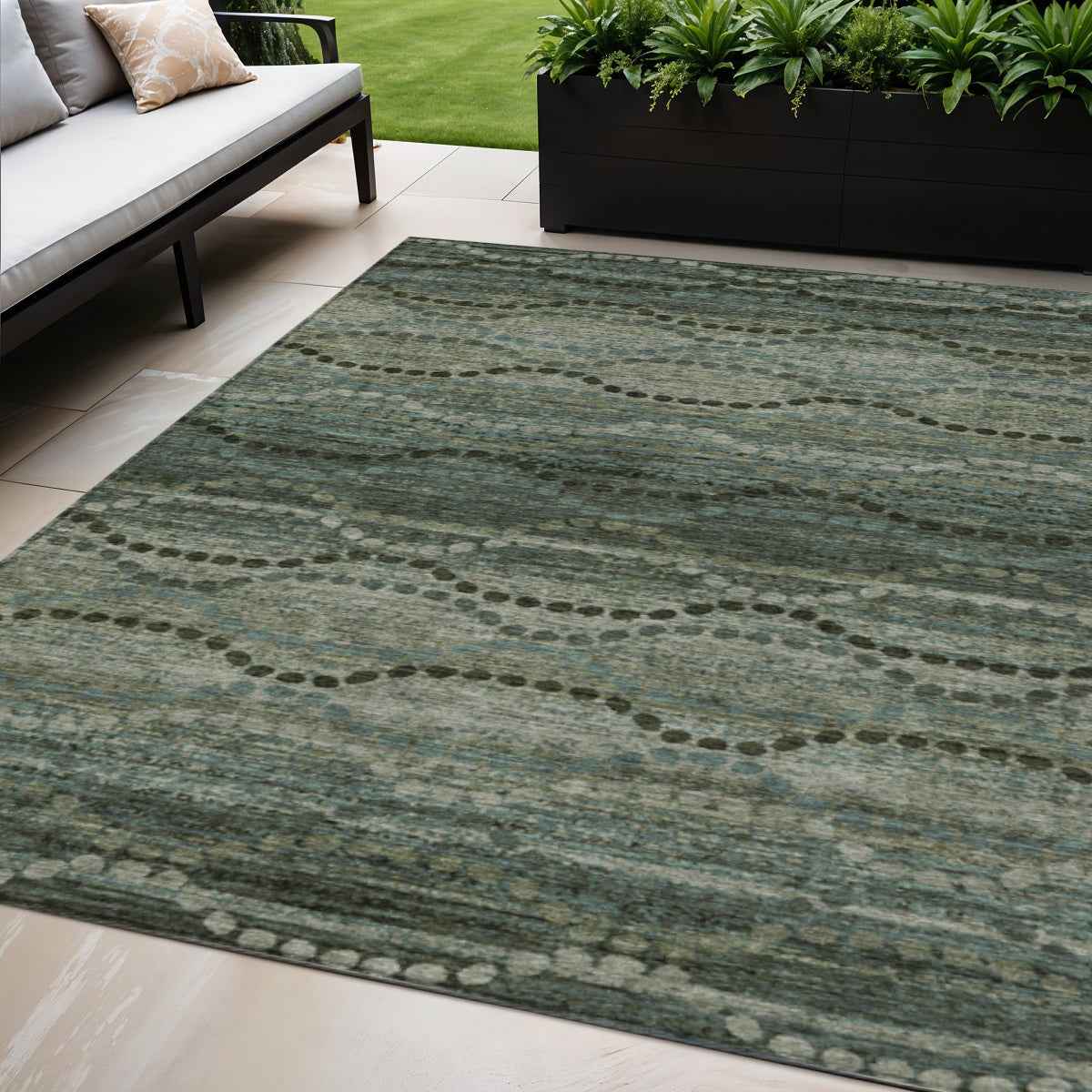 5' X 8' Artichoke Green And Gray Ogee Washable Indoor Outdoor Area Rug