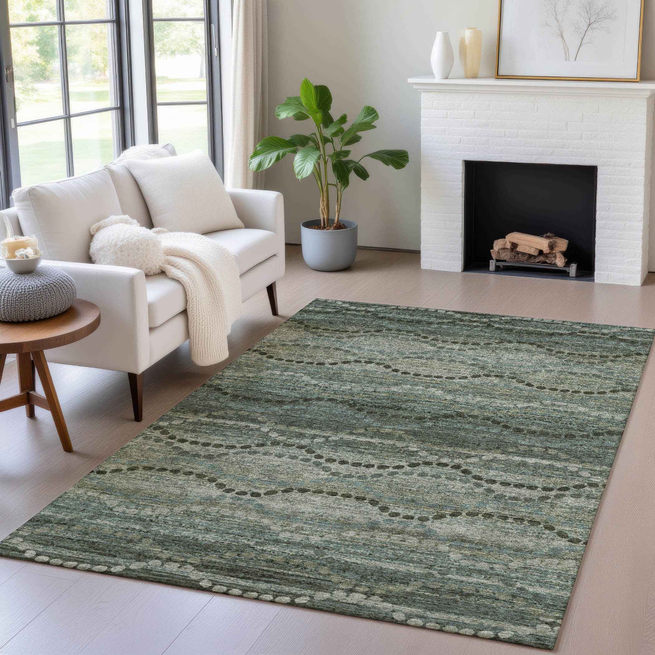 5' X 8' Artichoke Green And Gray Ogee Washable Indoor Outdoor Area Rug