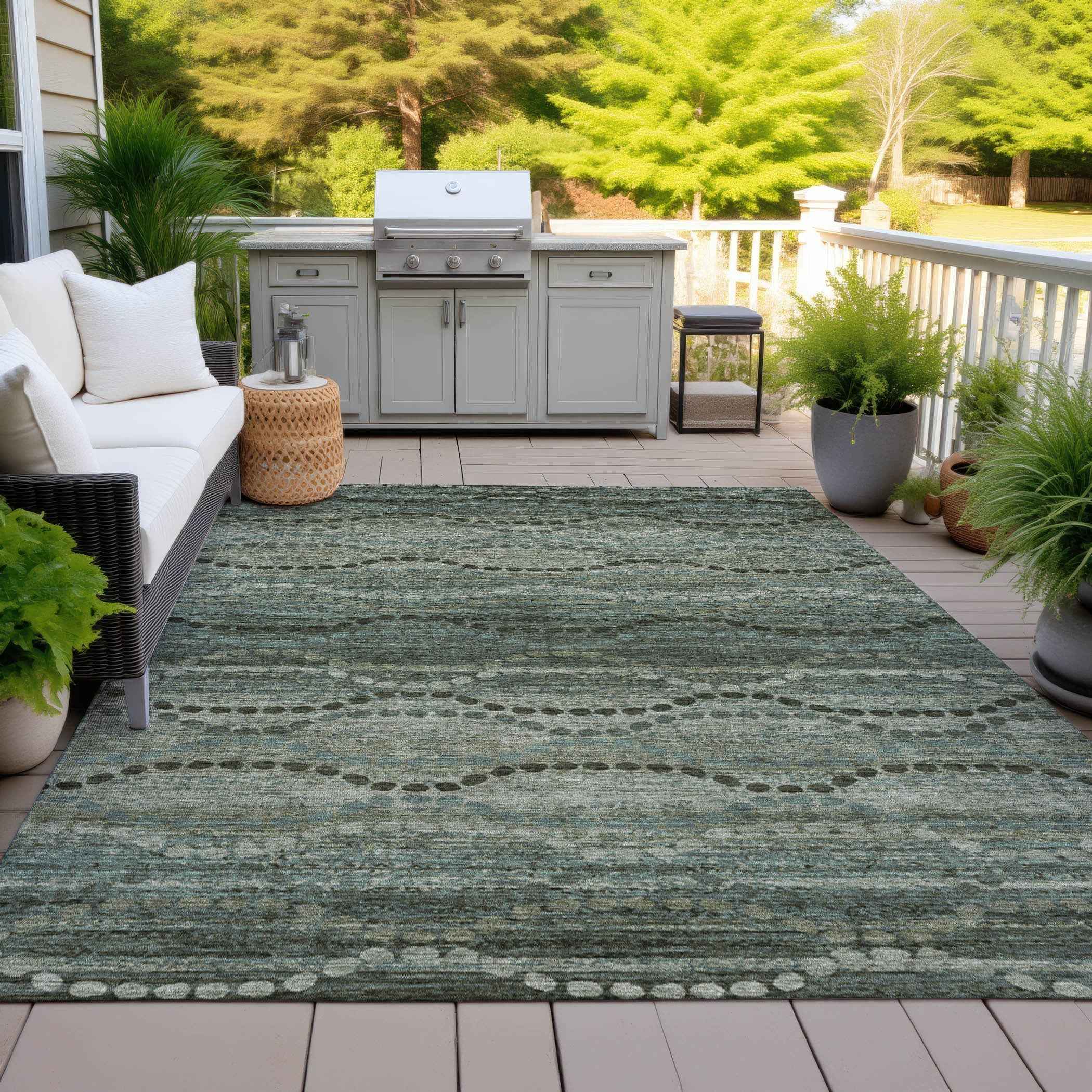 5' X 8' Artichoke Green And Gray Ogee Washable Indoor Outdoor Area Rug