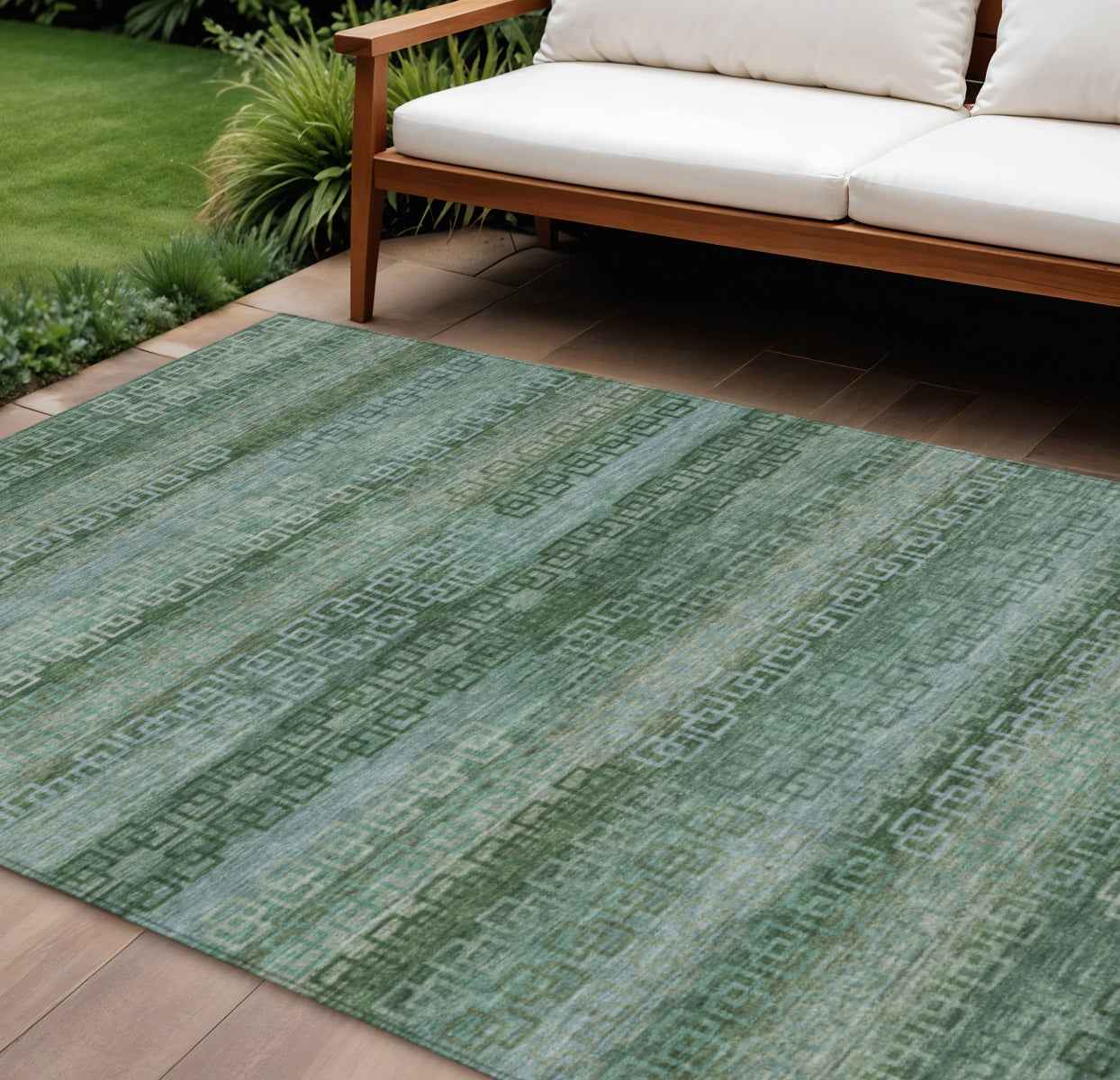 8' X 10' Artichoke Green And Sage Striped Washable Indoor Outdoor Area Rug