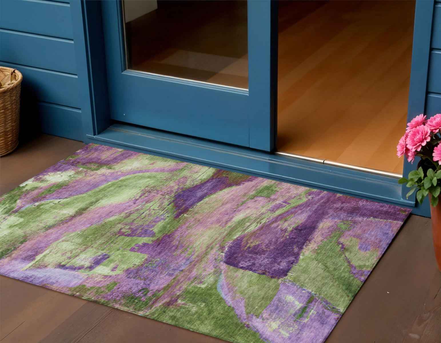 3' X 5' Purple Plum And Green Abstract Washable Indoor Outdoor Area Rug