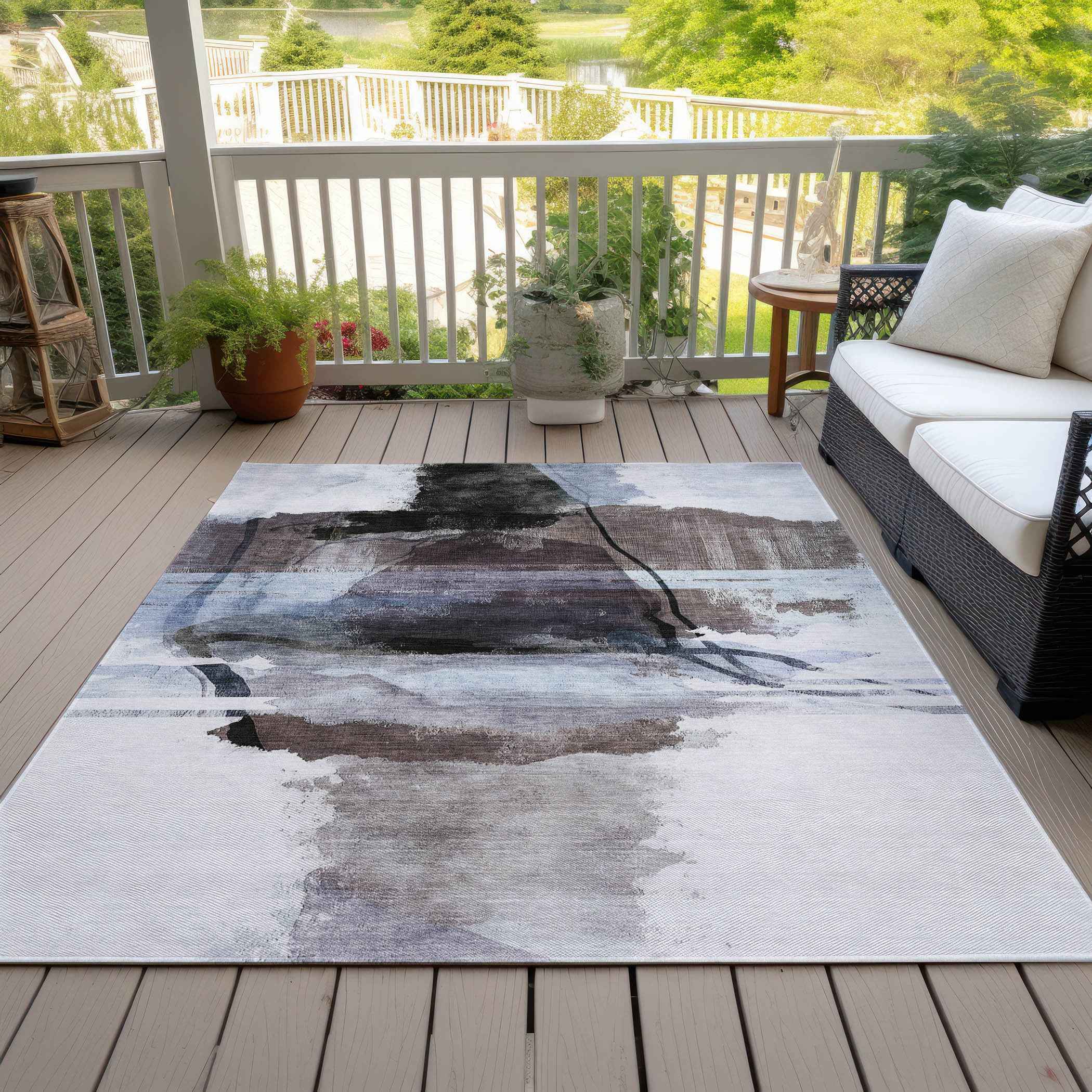 9' X 12' Brown And Ivory Abstract Washable Indoor Outdoor Area Rug