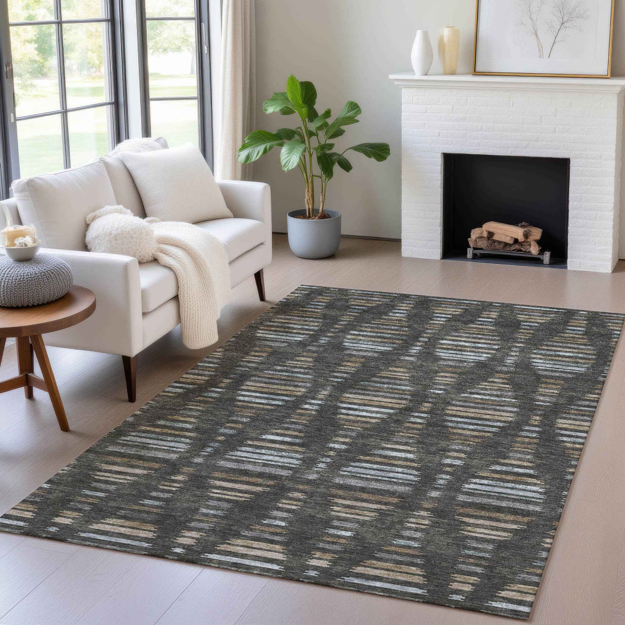 10' X 14' Coffee And Gray Striped Washable Indoor Outdoor Area Rug