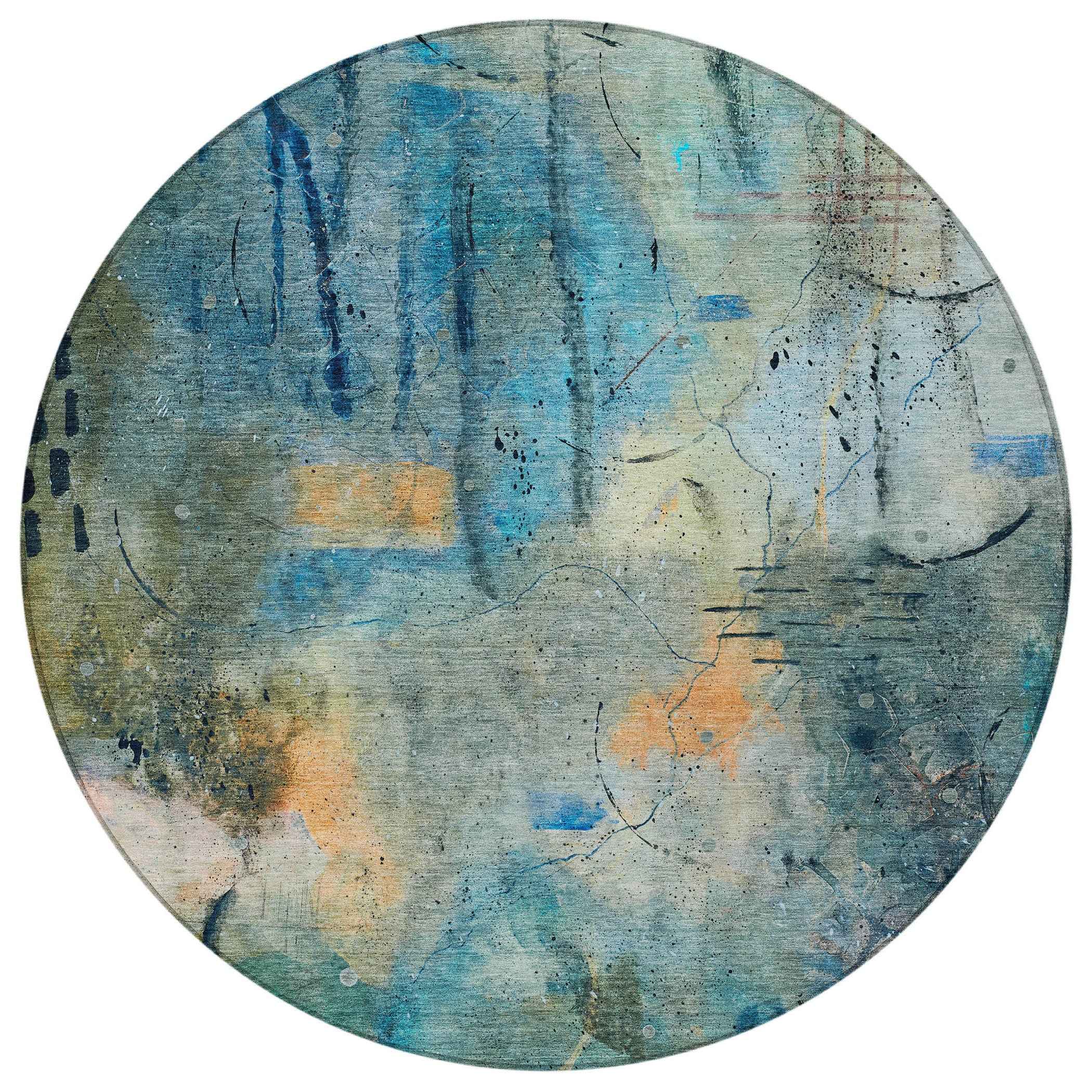 8' Teal Blue And Gold Round Abstract Washable Indoor Outdoor Area Rug