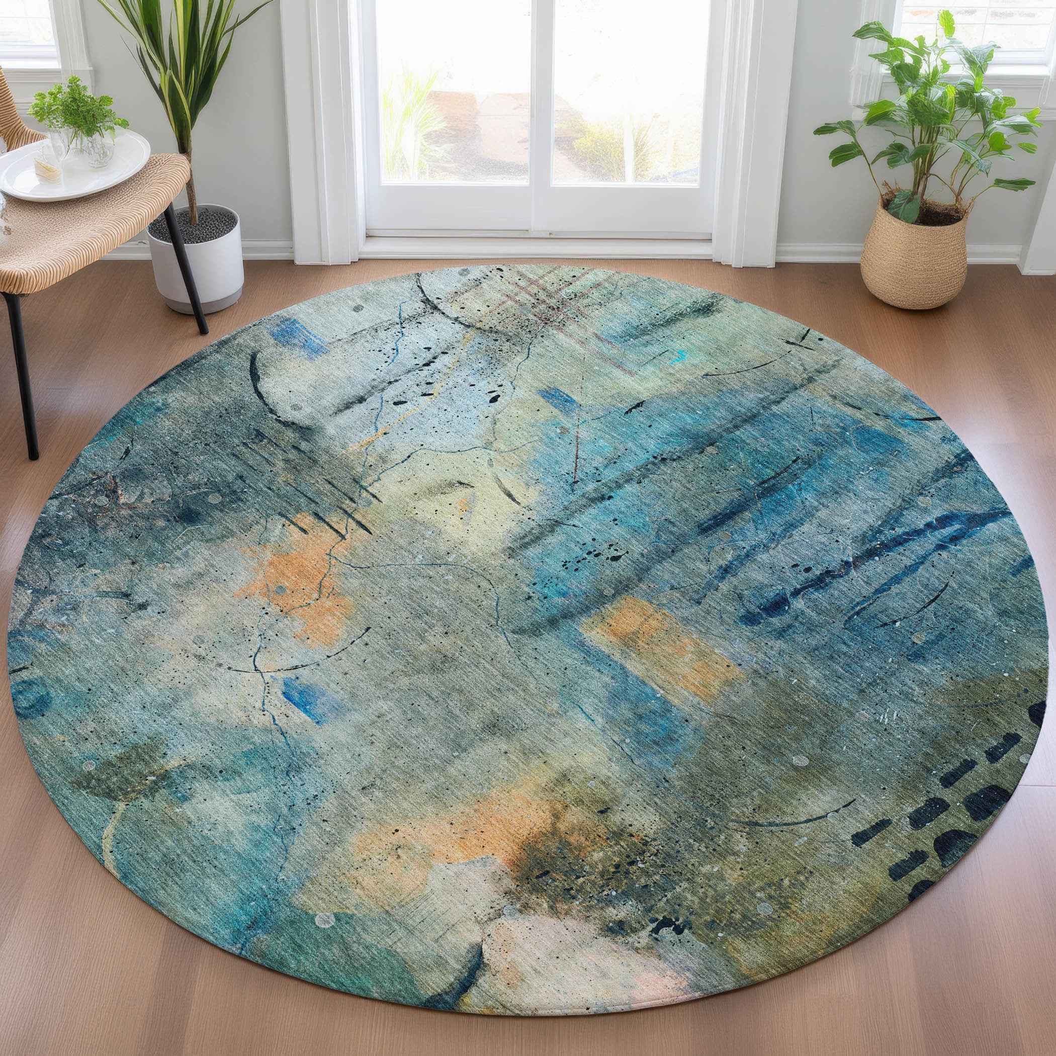 8' Teal Blue And Gold Round Abstract Washable Indoor Outdoor Area Rug