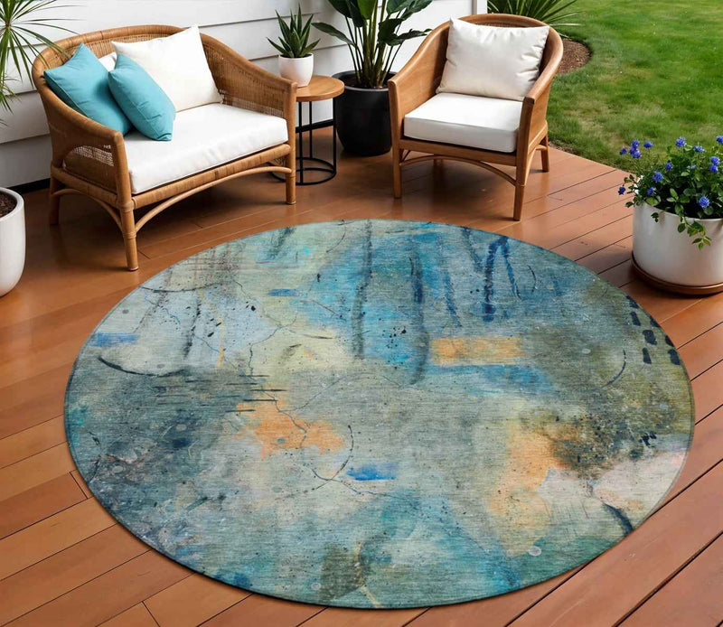8' Teal Blue And Gold Round Abstract Washable Indoor Outdoor Area Rug