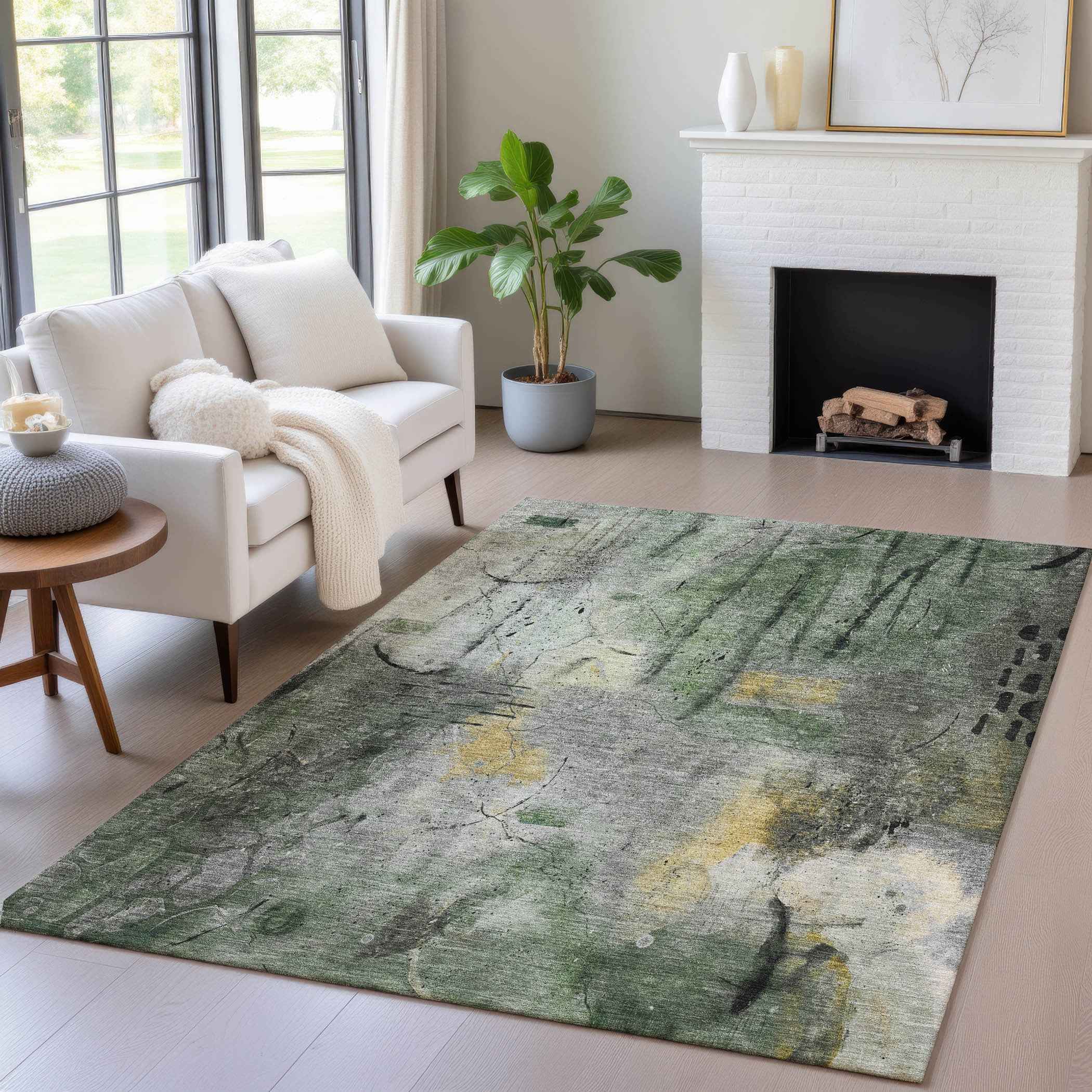 8' X 10' Pewter And Gold Abstract Washable Indoor Outdoor Area Rug