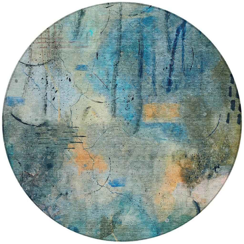 8' Teal Blue And Gold Round Abstract Washable Indoor Outdoor Area Rug
