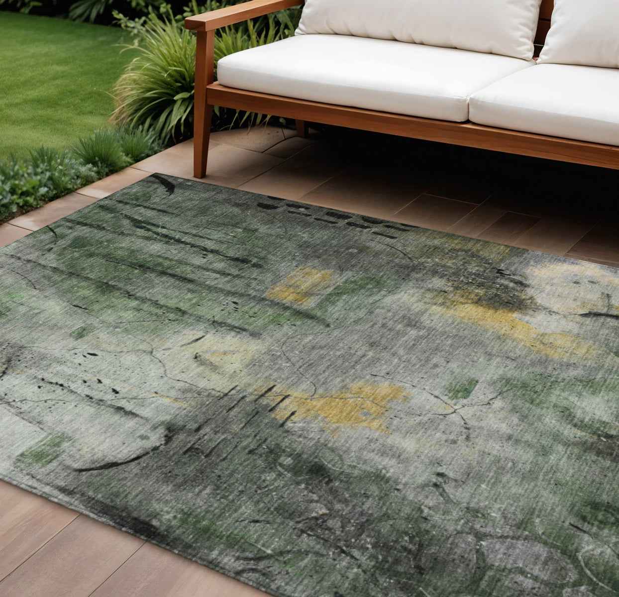 8' X 10' Pewter And Gold Abstract Washable Indoor Outdoor Area Rug