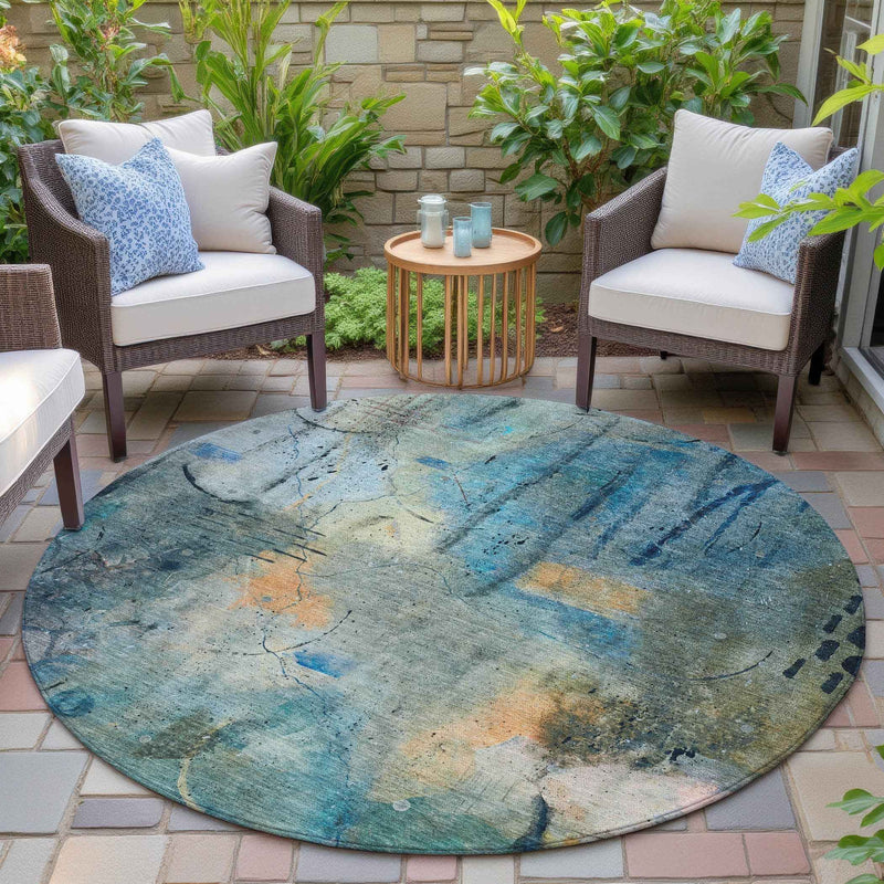 8' Teal Blue And Gold Round Abstract Washable Indoor Outdoor Area Rug