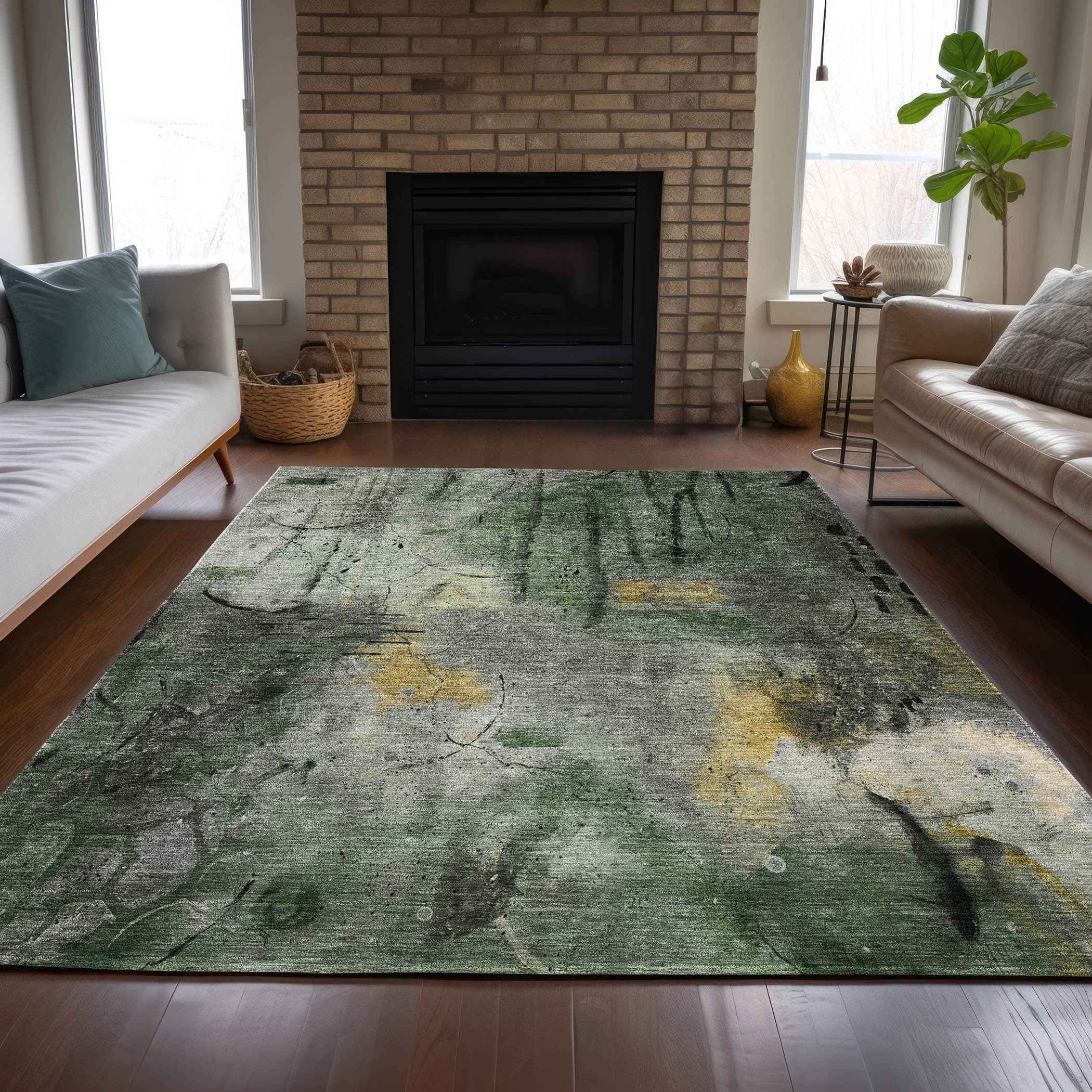 8' X 10' Pewter And Gold Abstract Washable Indoor Outdoor Area Rug