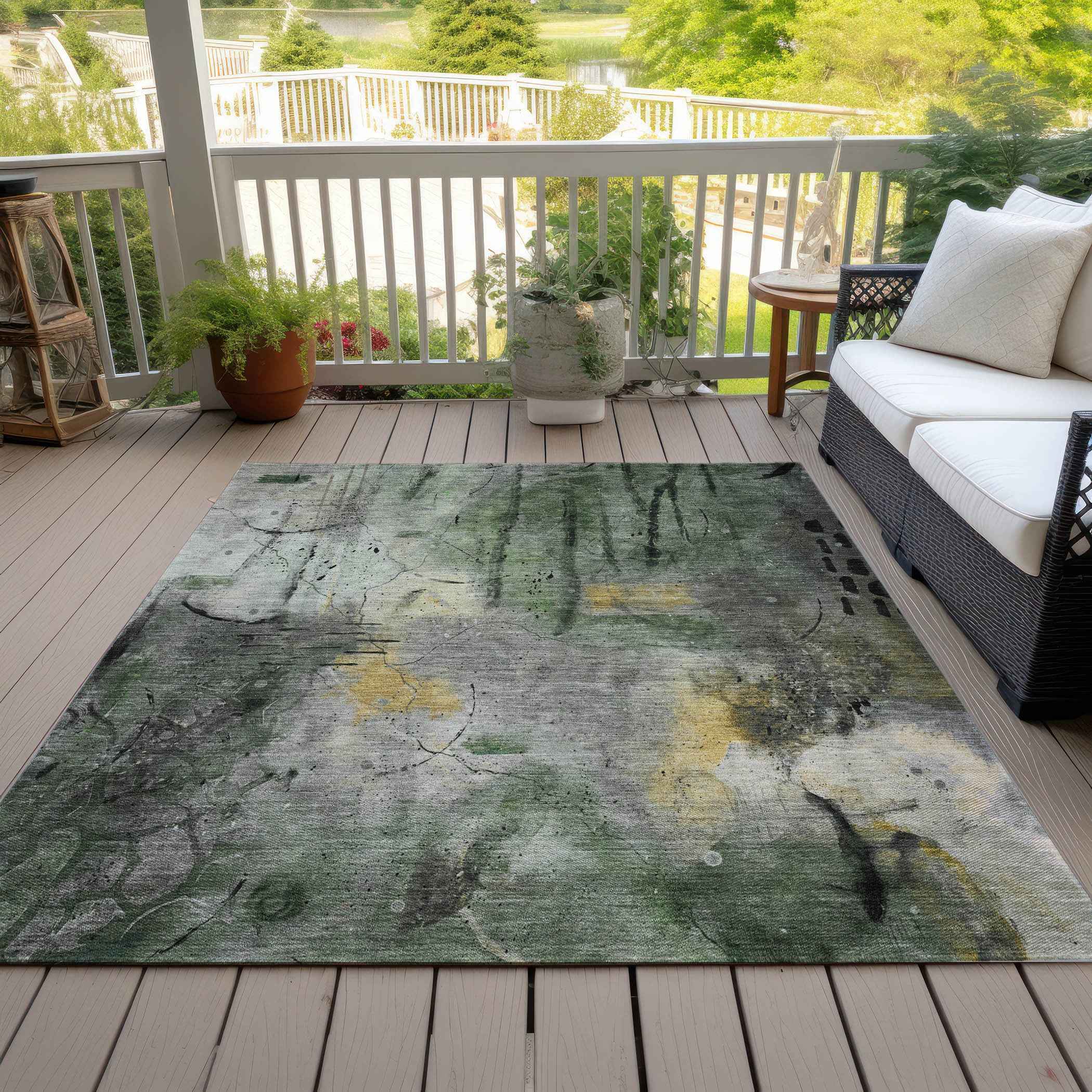 8' X 10' Pewter And Gold Abstract Washable Indoor Outdoor Area Rug