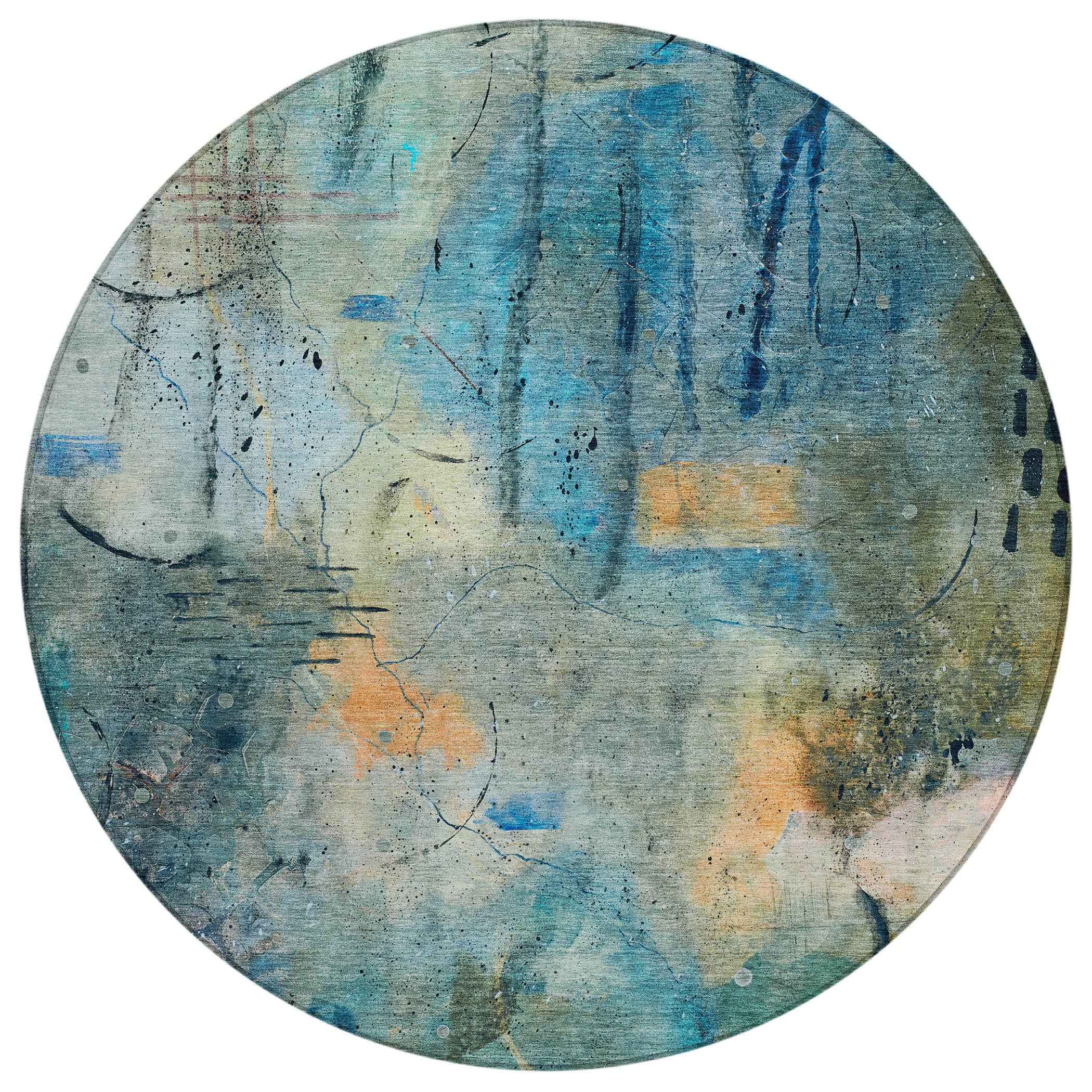 8' Teal Blue And Gold Round Abstract Washable Indoor Outdoor Area Rug