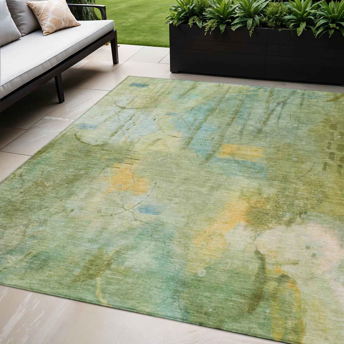 5' X 8' Sage And Gold Abstract Washable Indoor Outdoor Area Rug