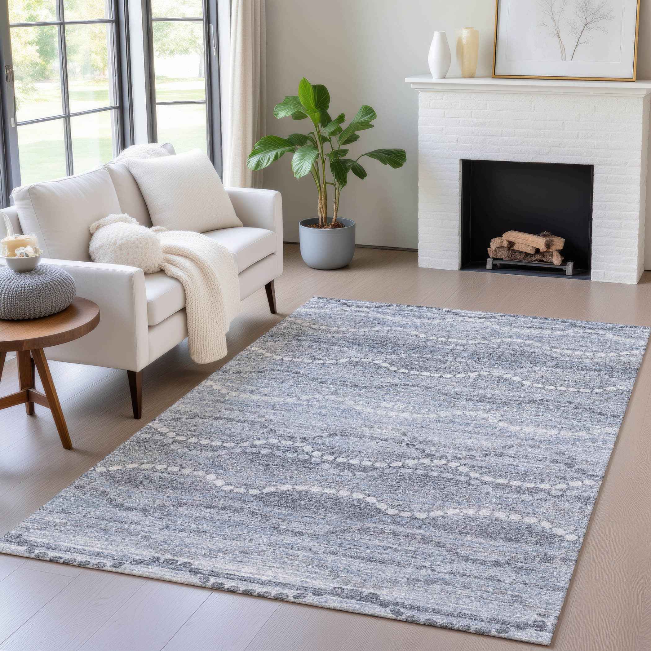 8' X 10' Blue And Ivory Ogee Washable Indoor Outdoor Area Rug