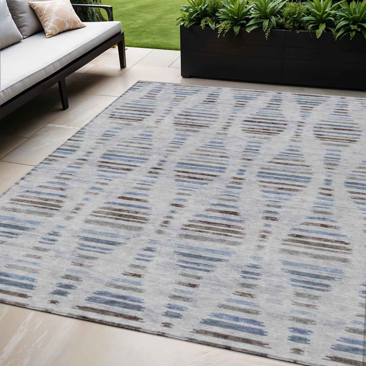 5' X 8' Beige And Denim Blue Striped Washable Indoor Outdoor Area Rug