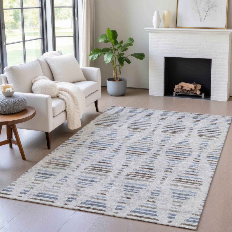 5' X 8' Beige And Denim Blue Striped Washable Indoor Outdoor Area Rug