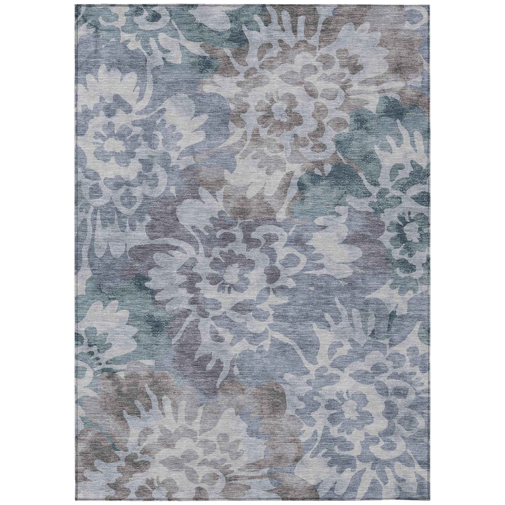 8' X 10' Blue And Silver Floral Washable Indoor Outdoor Area Rug