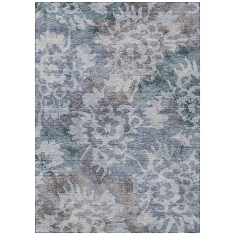 8' X 10' Blue And Silver Floral Washable Indoor Outdoor Area Rug