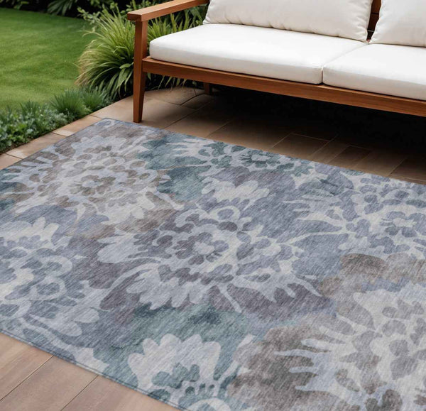 8' X 10' Blue And Silver Floral Washable Indoor Outdoor Area Rug Default Title