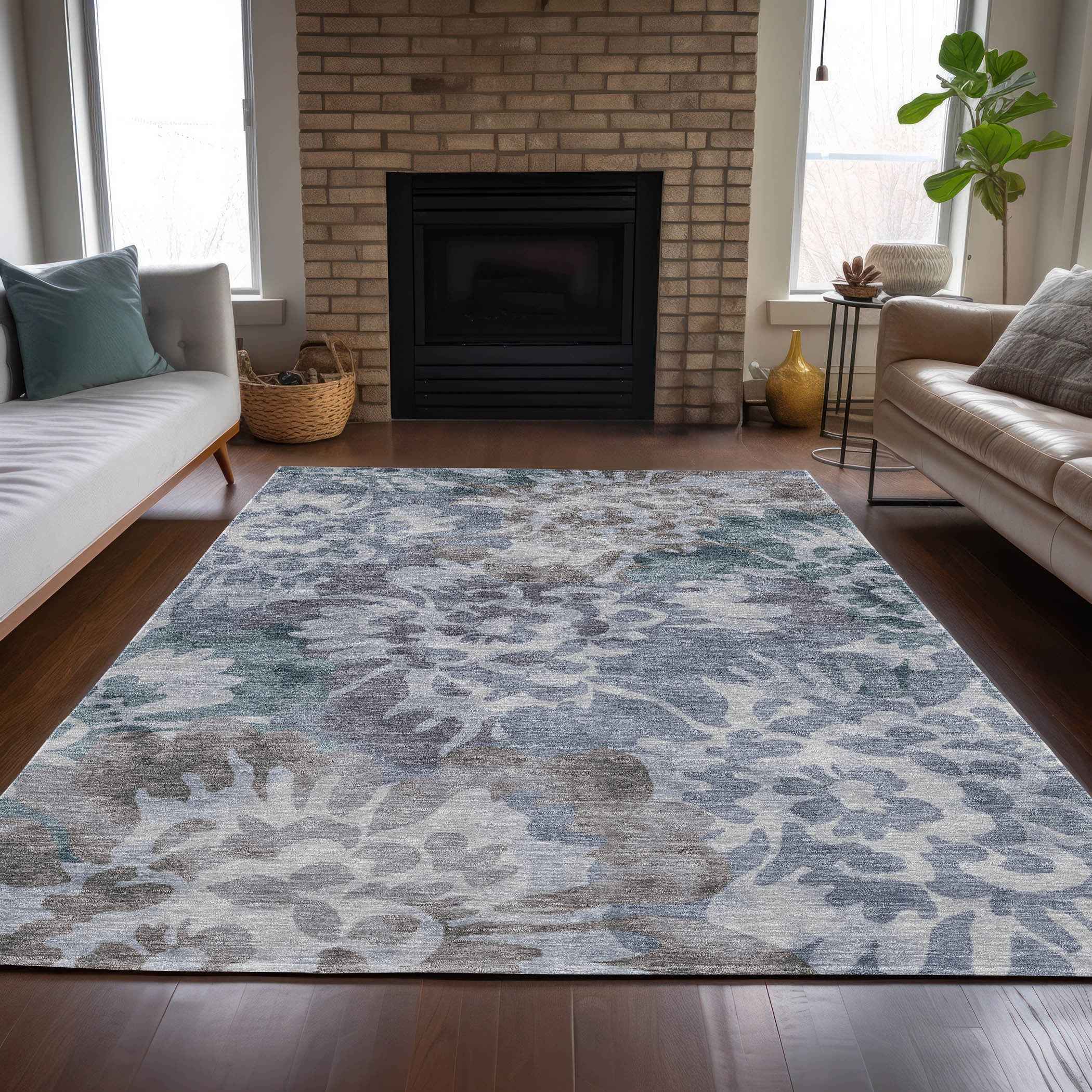 8' X 10' Blue And Silver Floral Washable Indoor Outdoor Area Rug