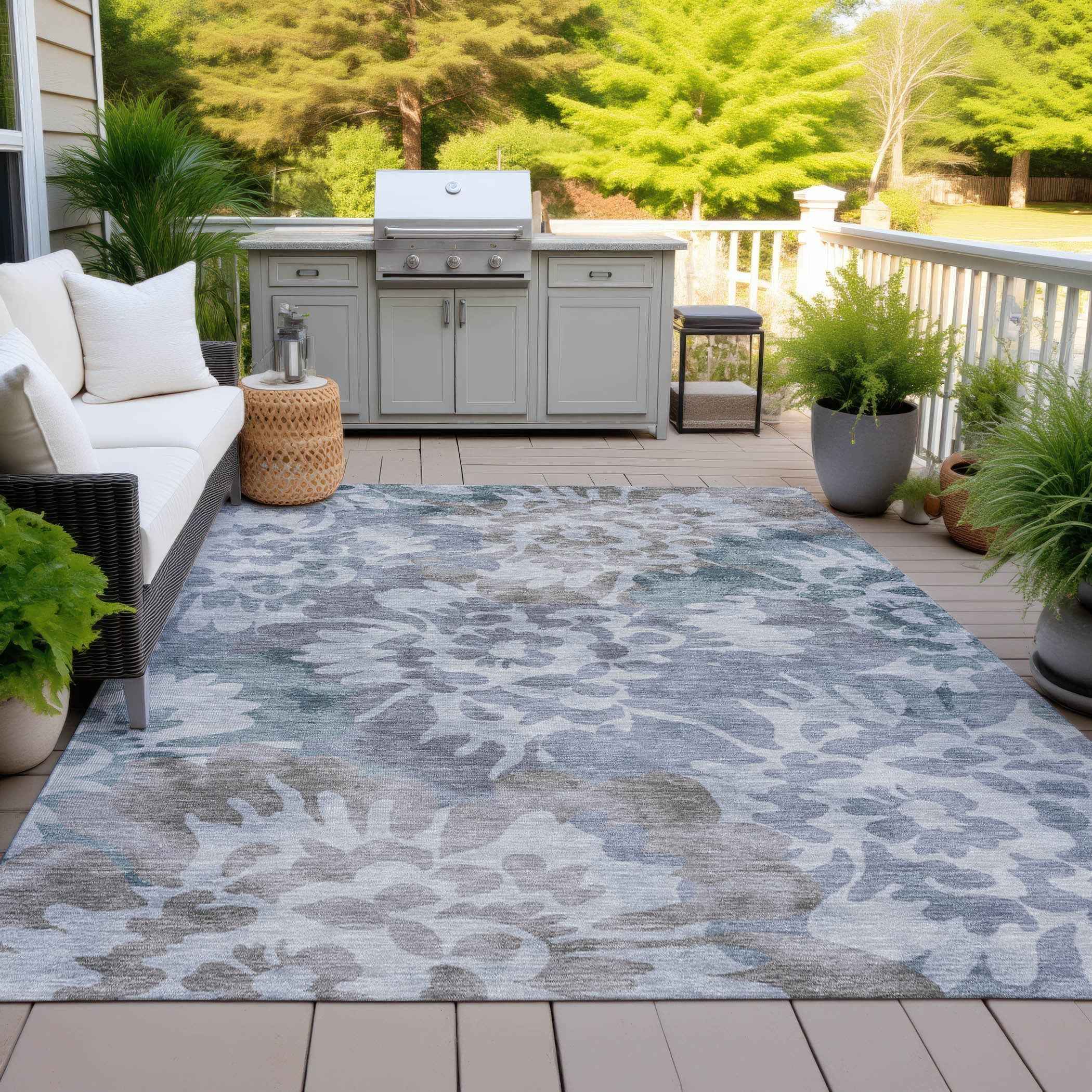 8' X 10' Blue And Silver Floral Washable Indoor Outdoor Area Rug