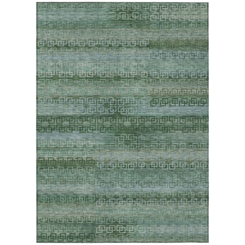 5' X 8' Artichoke Green And Sage Striped Washable Indoor Outdoor Area Rug