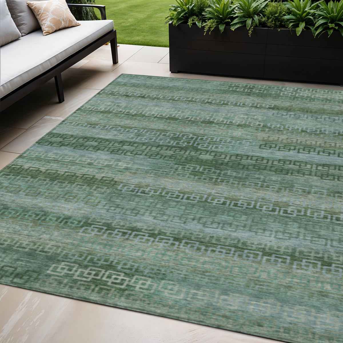 5' X 8' Artichoke Green And Sage Striped Washable Indoor Outdoor Area Rug