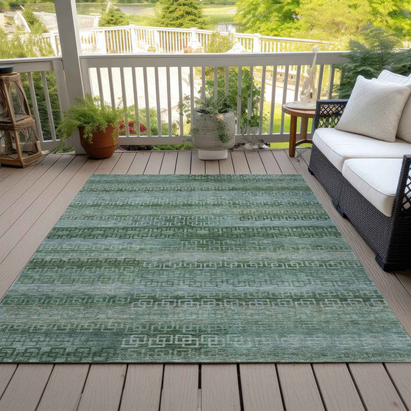 5' X 8' Artichoke Green And Sage Striped Washable Indoor Outdoor Area Rug