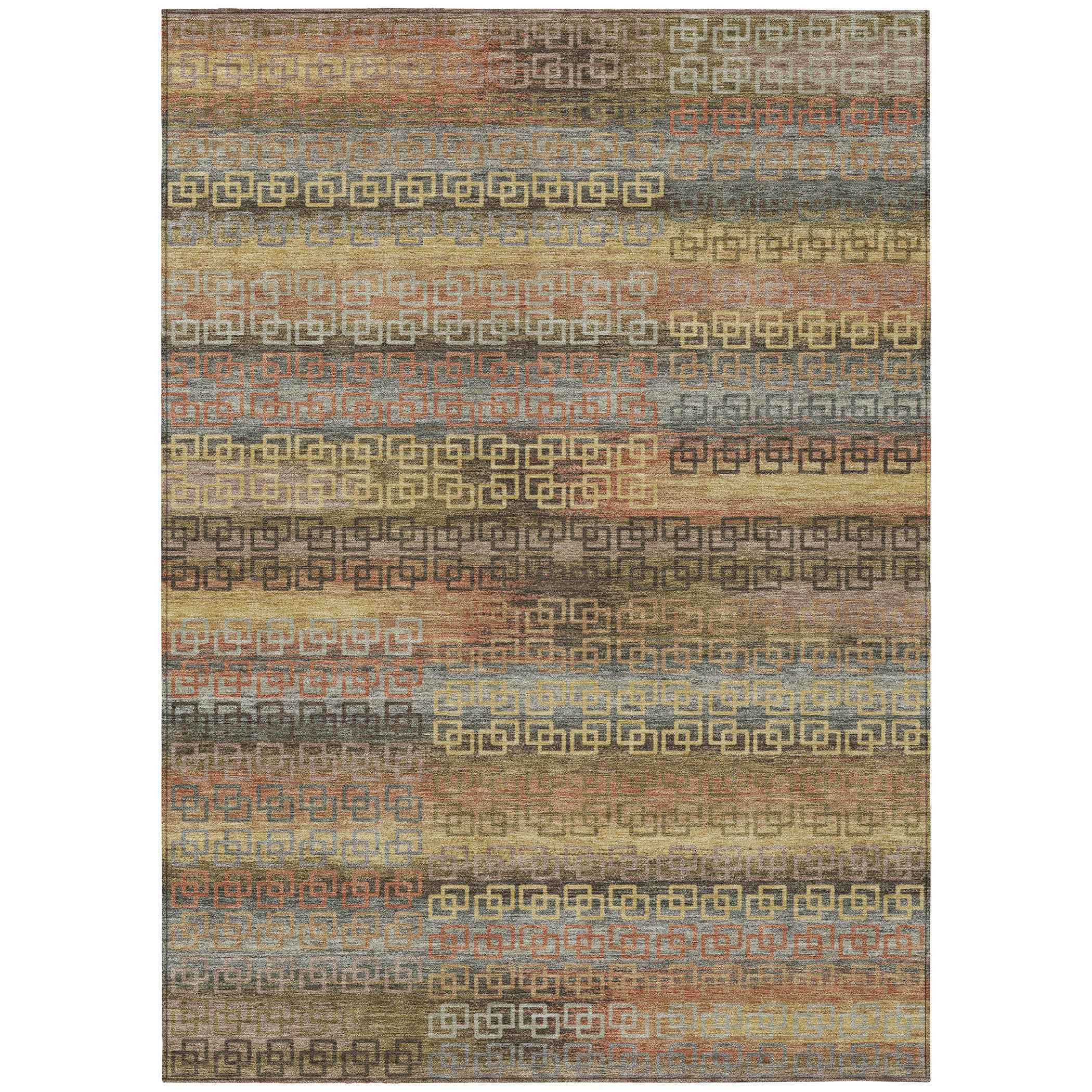 8' X 10' Brown And Gold Striped Washable Indoor Outdoor Area Rug