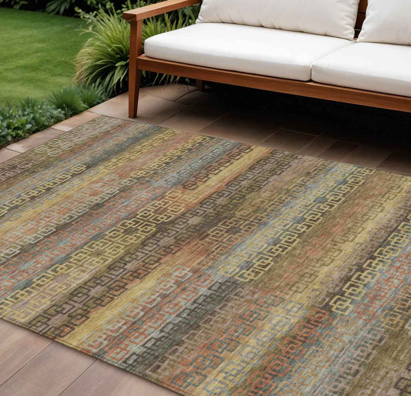 8' X 10' Brown And Gold Striped Washable Indoor Outdoor Area Rug