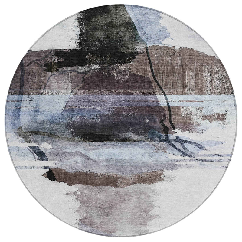 8' Brown And Ivory Round Abstract Washable Indoor Outdoor Area Rug