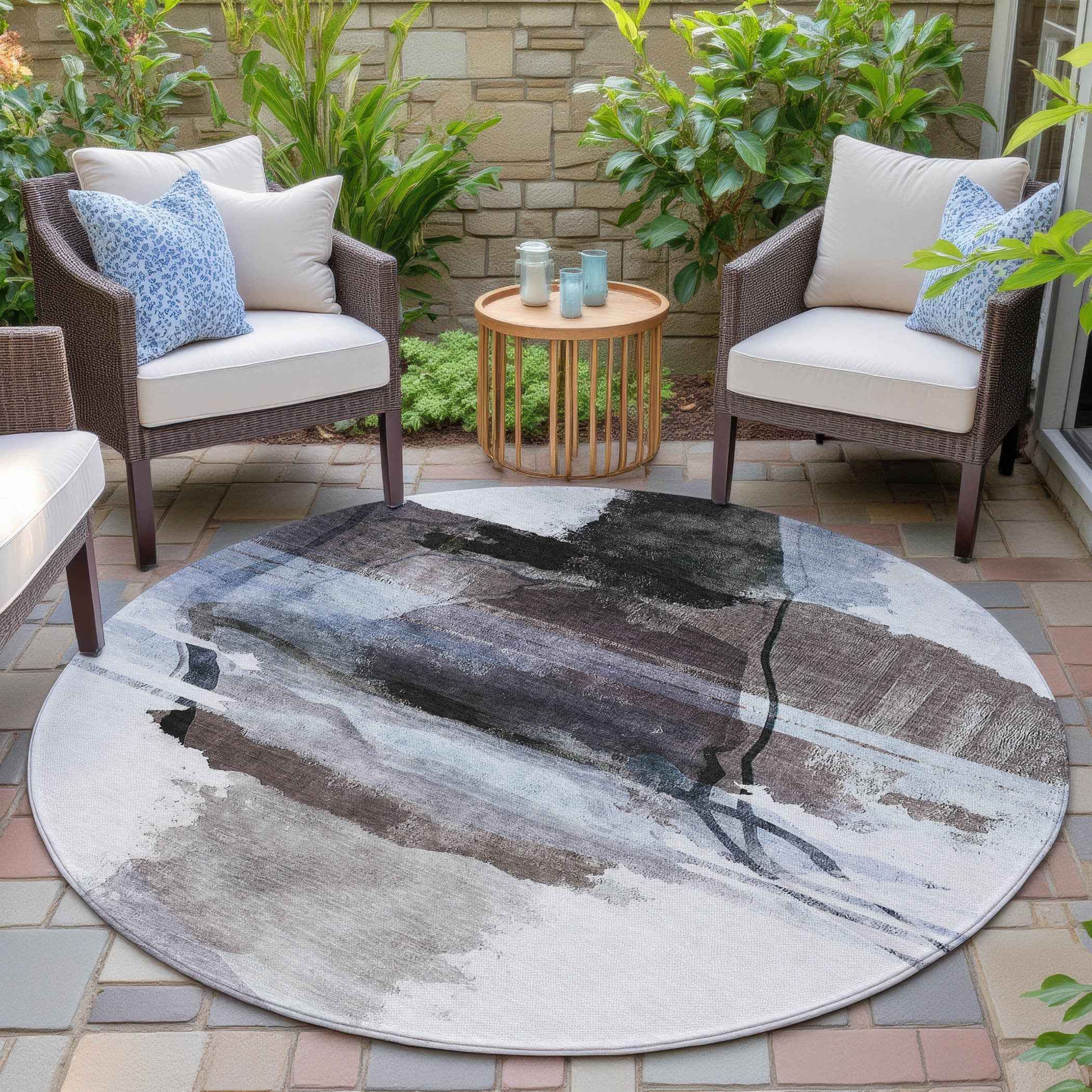 8' Brown And Ivory Round Abstract Washable Indoor Outdoor Area Rug