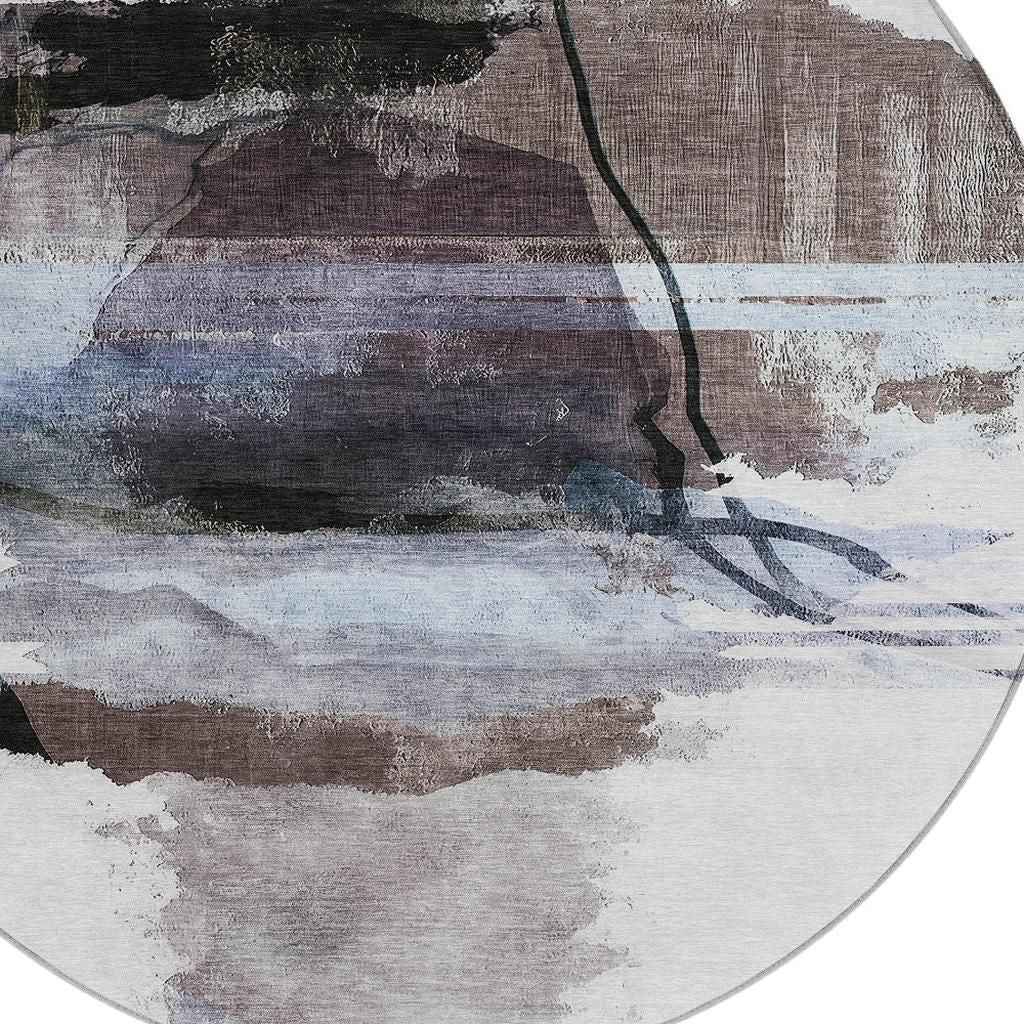 8' Brown And Ivory Round Abstract Washable Indoor Outdoor Area Rug