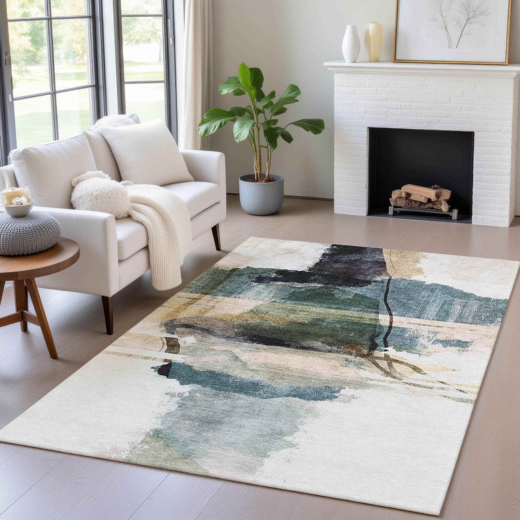 10' X 14' Green And Ivory Abstract Washable Indoor Outdoor Area Rug Default Title