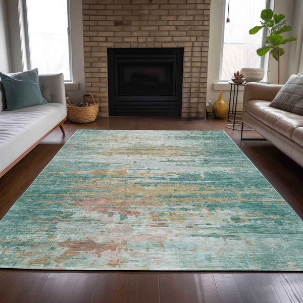 5' X 8' Teal Blue And Beige Abstract Washable Indoor Outdoor Area Rug