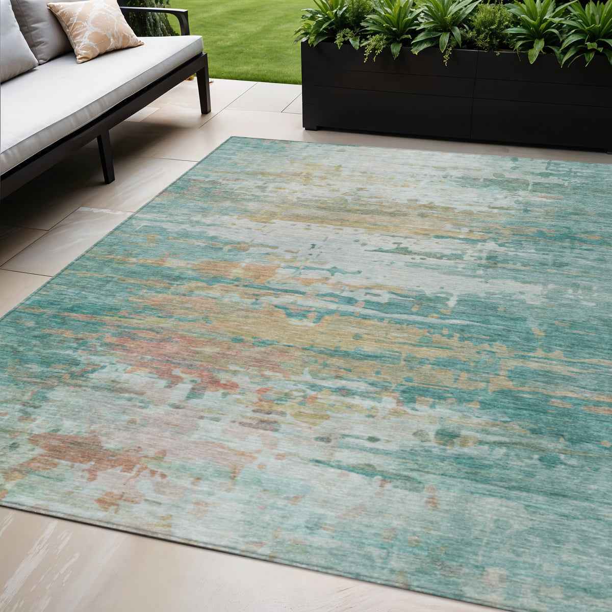 5' X 8' Teal Blue And Beige Abstract Washable Indoor Outdoor Area Rug