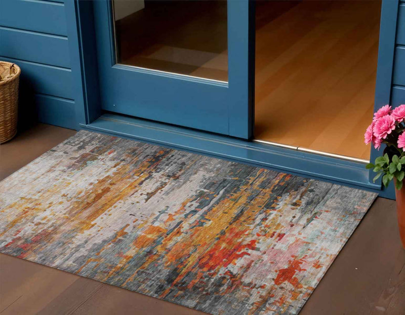 3' X 5' Terra Cotta And Beige Abstract Washable Indoor Outdoor Area Rug