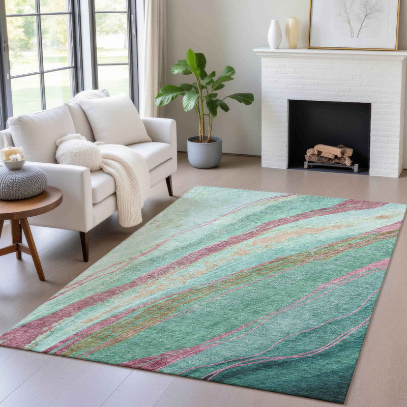 9' X 12' Green Blush And Peach Abstract Washable Indoor Outdoor Area Rug