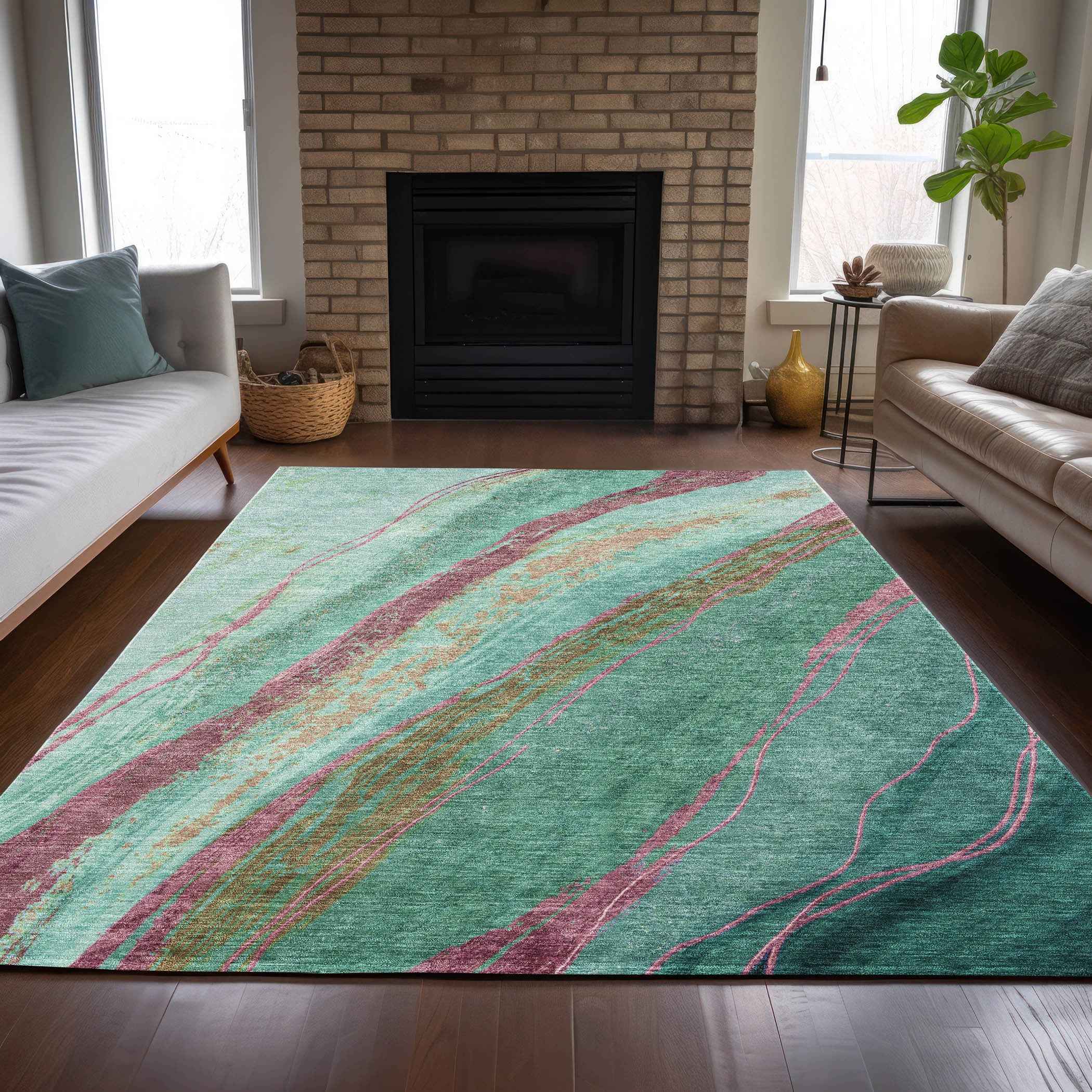 9' X 12' Green Blush And Peach Abstract Washable Indoor Outdoor Area Rug