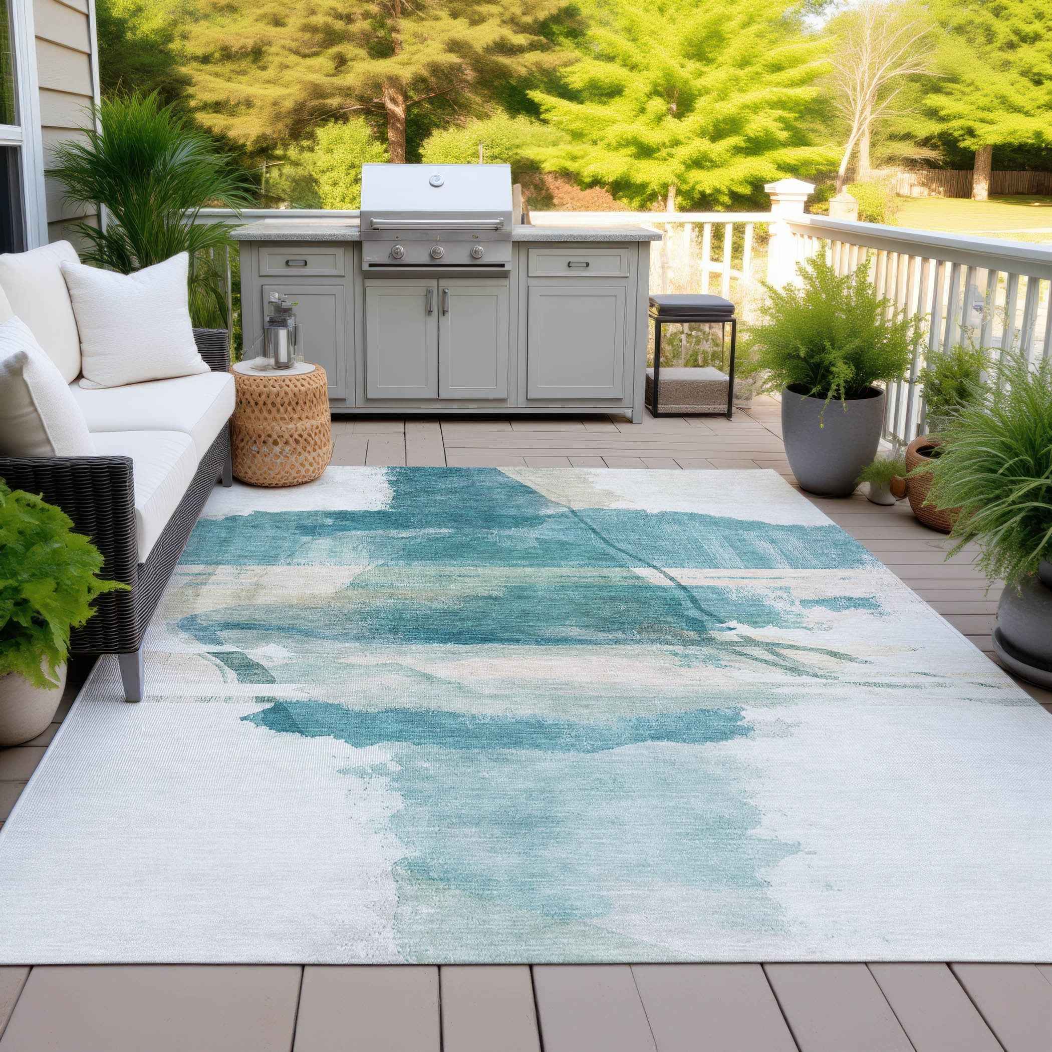 8' X 10' Teal Blue And Ivory Abstract Washable Indoor Outdoor Area Rug