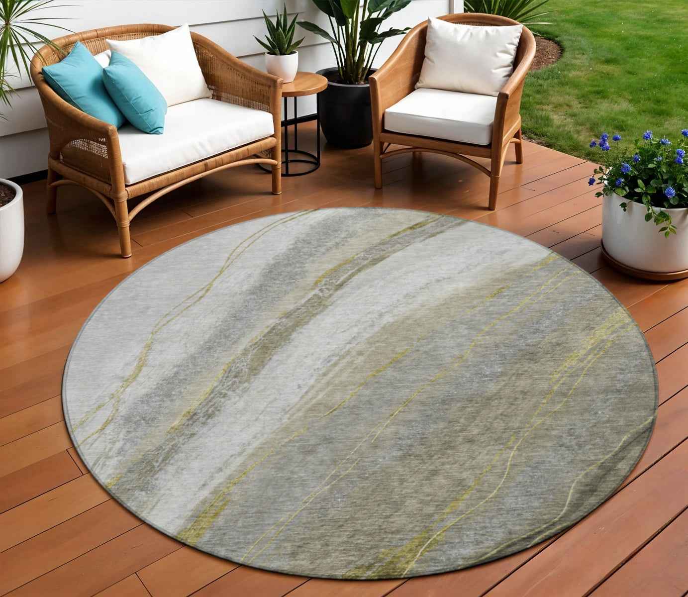 8' Pewter And Gray Round Abstract Washable Indoor Outdoor Area Rug