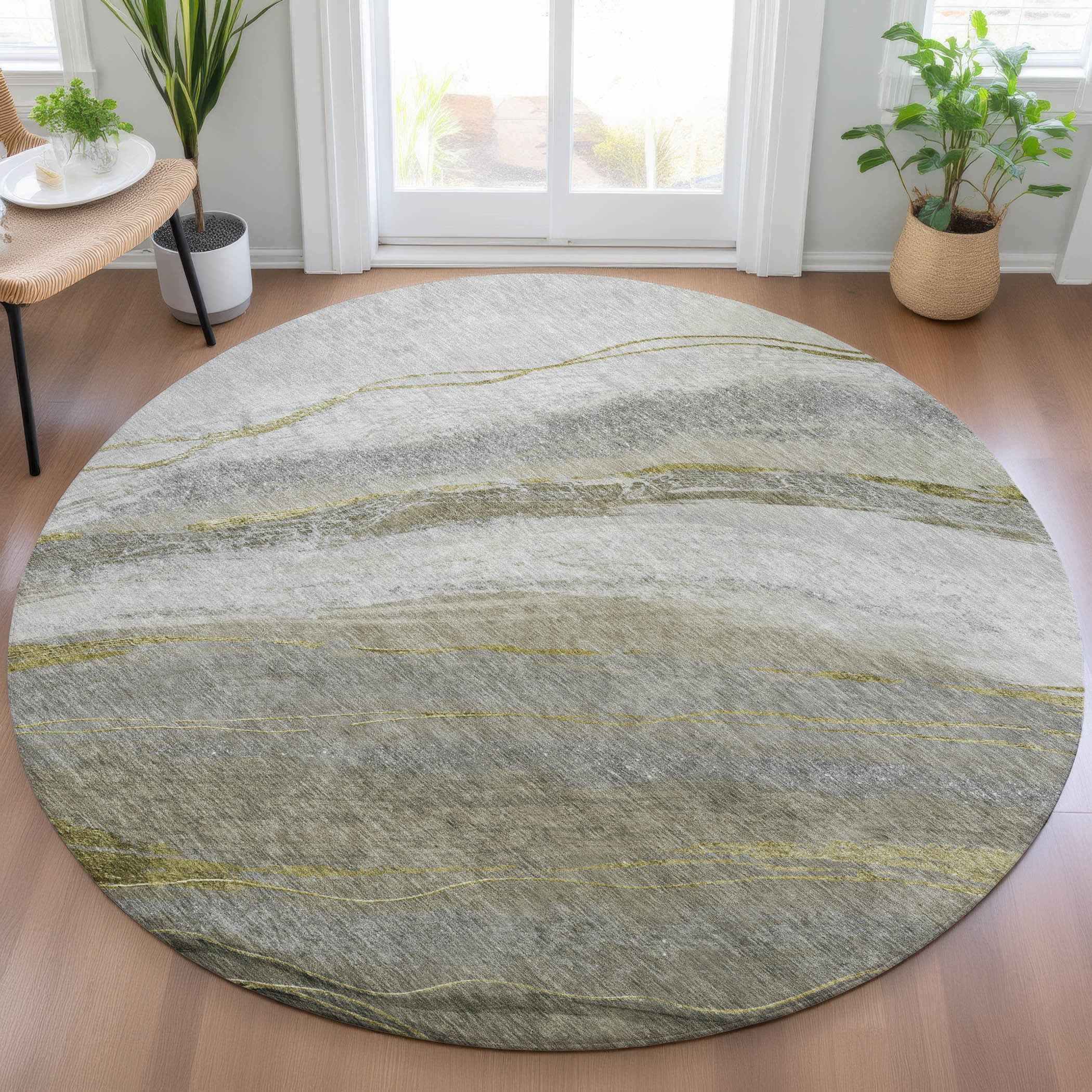 8' Pewter And Gray Round Abstract Washable Indoor Outdoor Area Rug