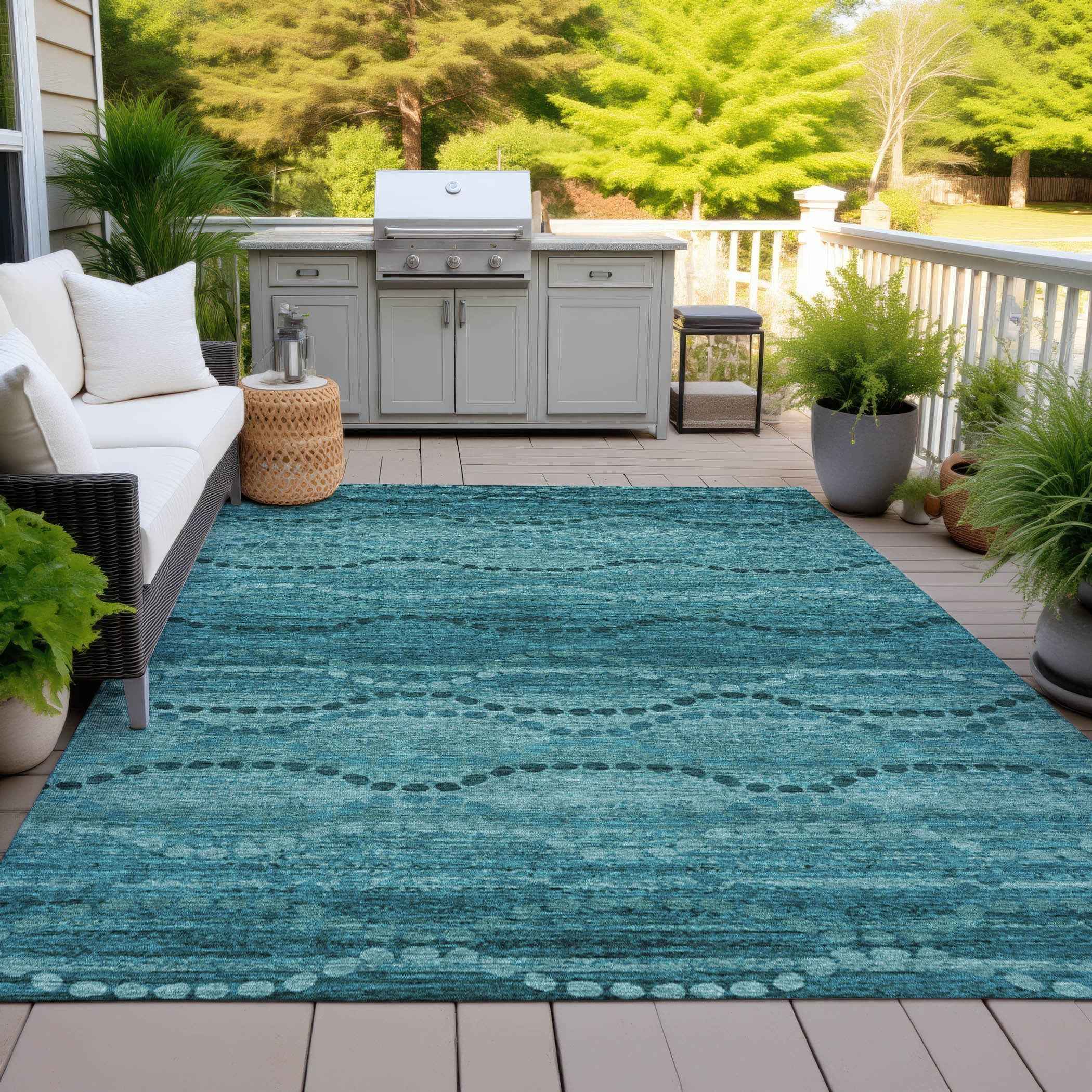 9' X 12' Turquoise And Aqua Ogee Washable Indoor Outdoor Area Rug