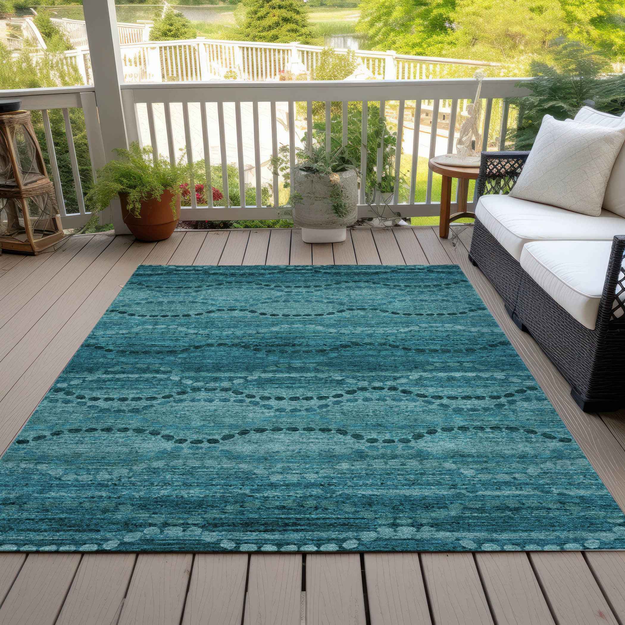 9' X 12' Turquoise And Aqua Ogee Washable Indoor Outdoor Area Rug
