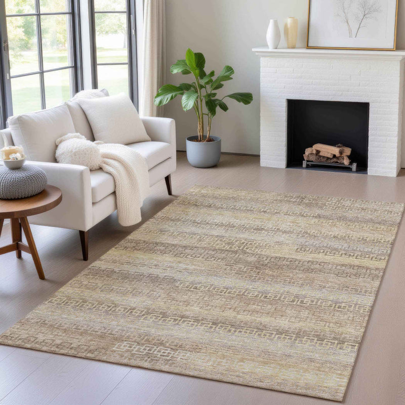 3' X 5' Beige And Wheat Striped Washable Indoor Outdoor Area Rug